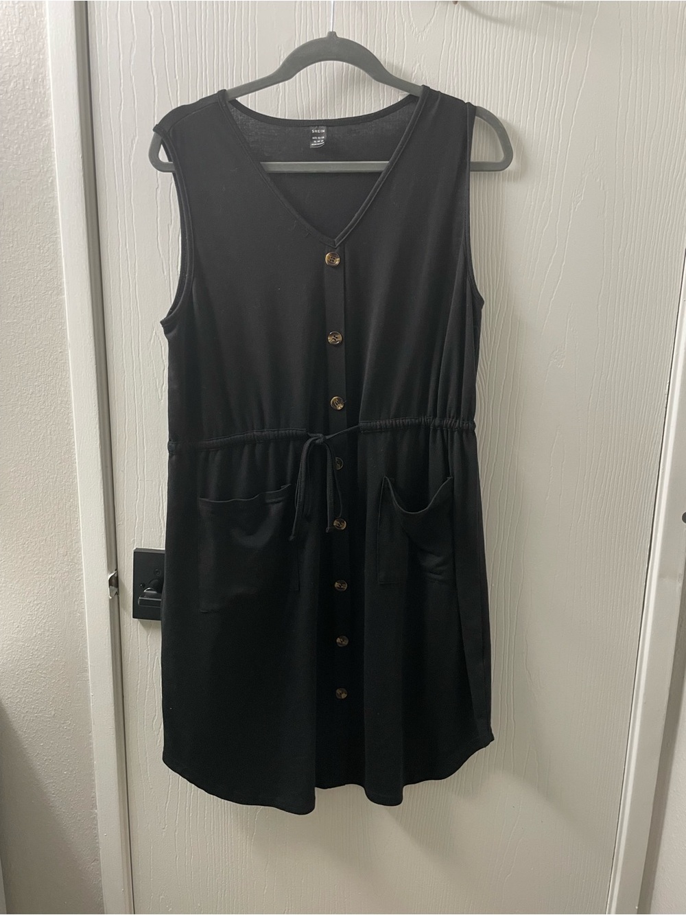 SHEIN Black Sleeveless Faux Button-Front Drawstring Mini Dress
